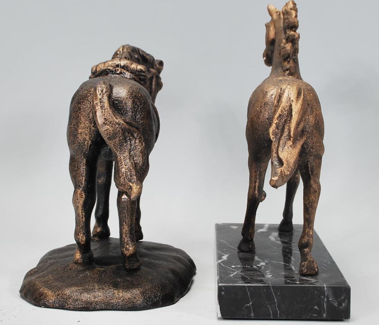 Two cast iron figurines of horses to include one of a running stallion raised on a marble plinth - Image 4 of 5