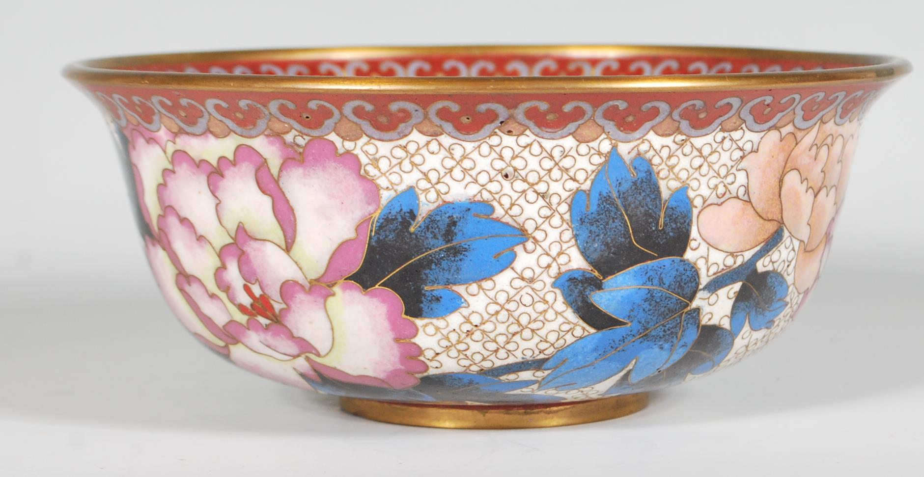 A 20th Century Chinese cloisonne bowl of flared form with a footed base decorated throughout with - Image 3 of 8