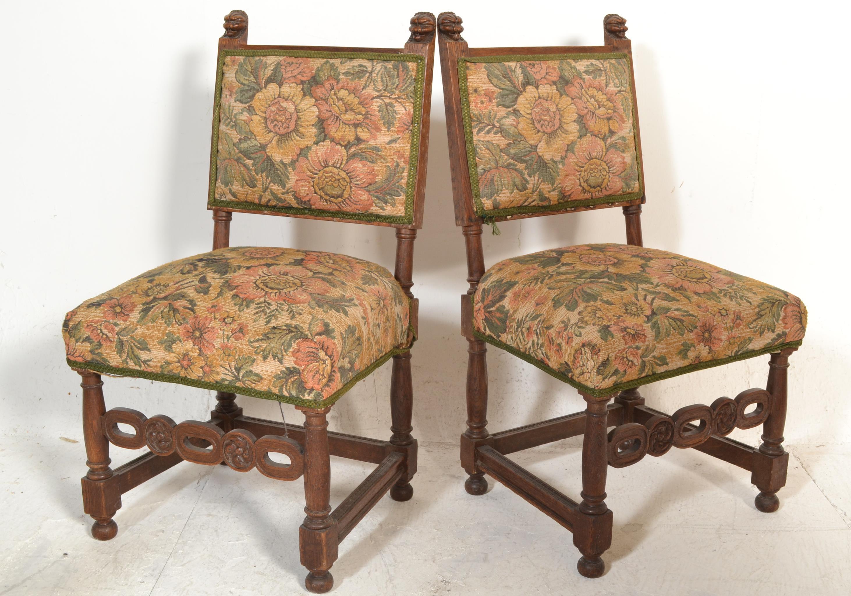 A set of 4 Victorian 19th century carved oak and tapestry upholstered dining chairs. Raised on - Image 3 of 4