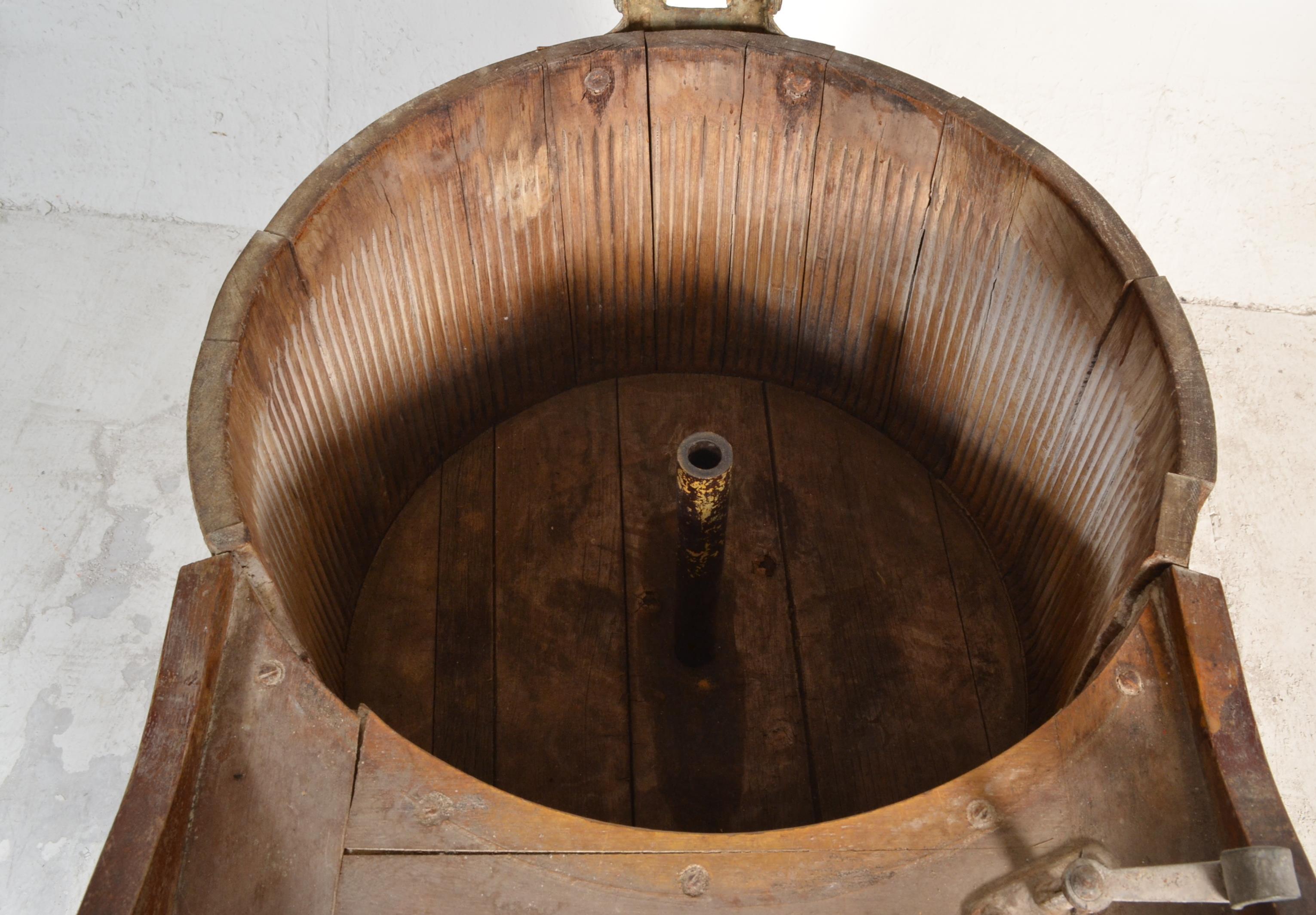 A 19th century coopered oak barrel washing / machine. The oak sectional barrel with coopered - Image 6 of 7