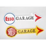 Two cast iron reproduction vintage style petrol garage signs to include Esso and Shell arrow signs