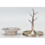 A silver hallmarked William Aitkin ring stand in the form of a tree in a round dish / base (