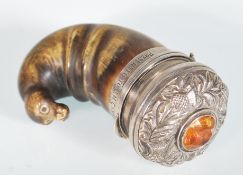 A rare 19th Century Victorian snuff mull constructed from curved horn, the end carved into a seals