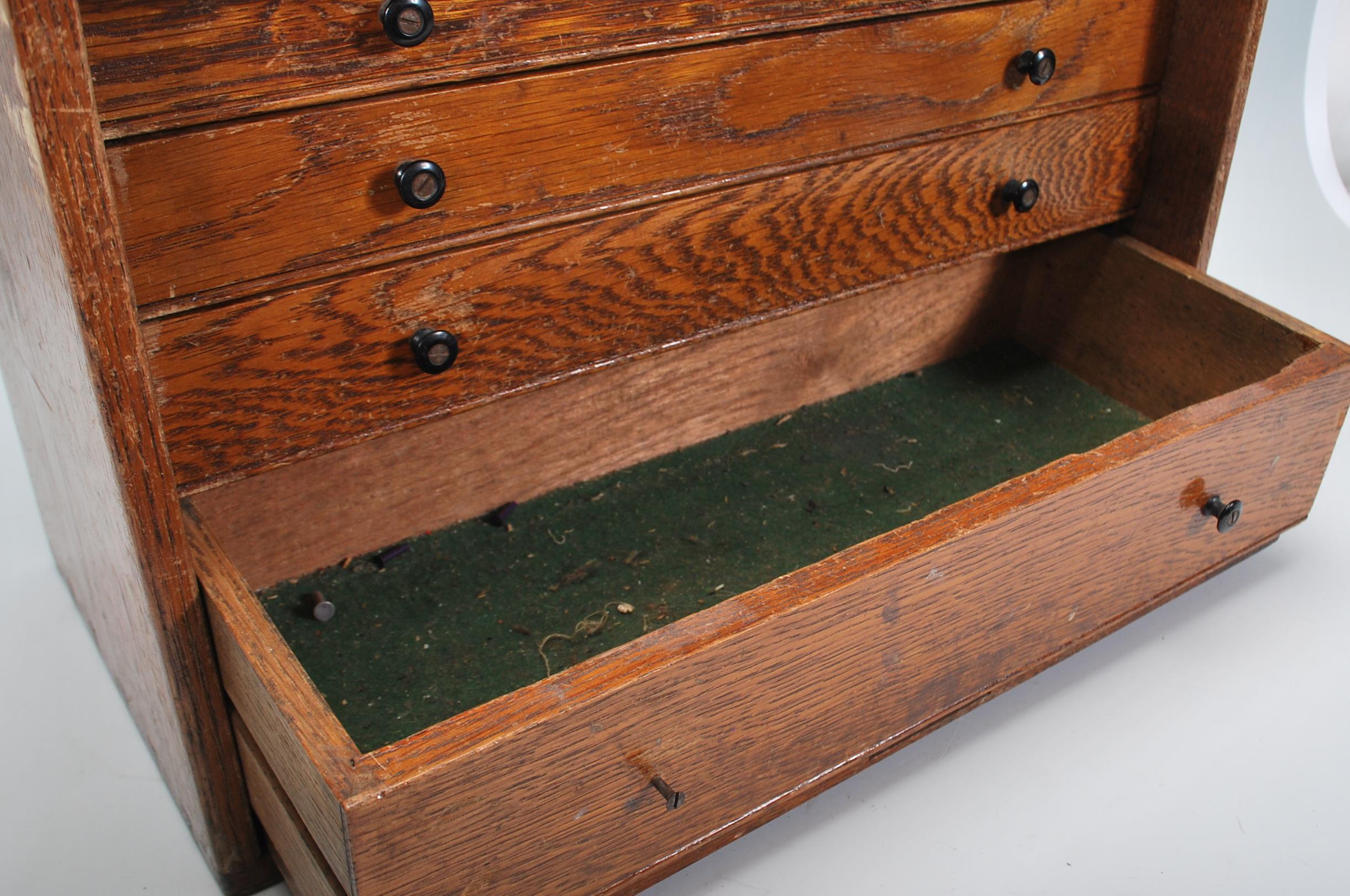A vintage 20th Century oak engineers case, fall front revealing lined drawers containing engineers - Image 6 of 7