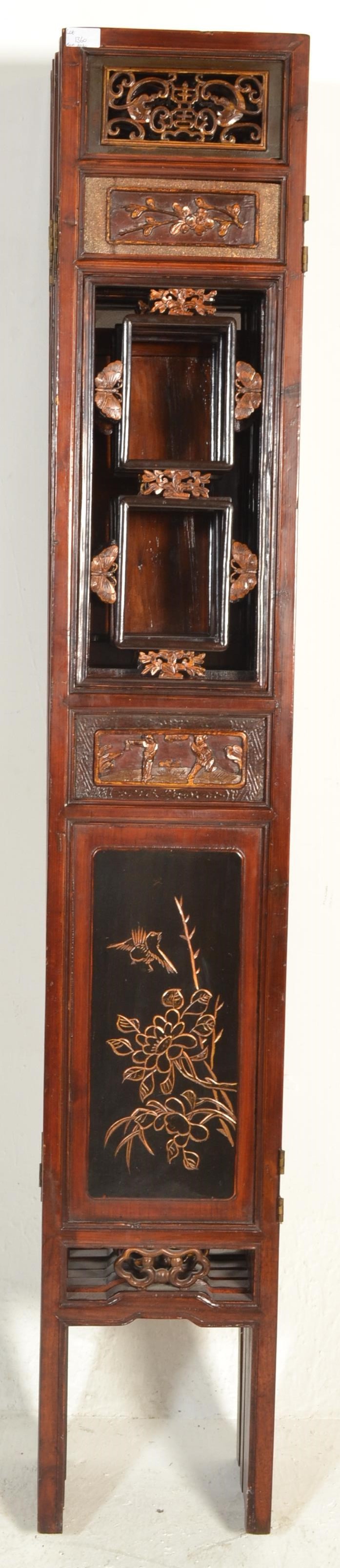 A large 20th Century six fold Chinese lacquered pine screen having scroll fret work panel atop - Image 4 of 4