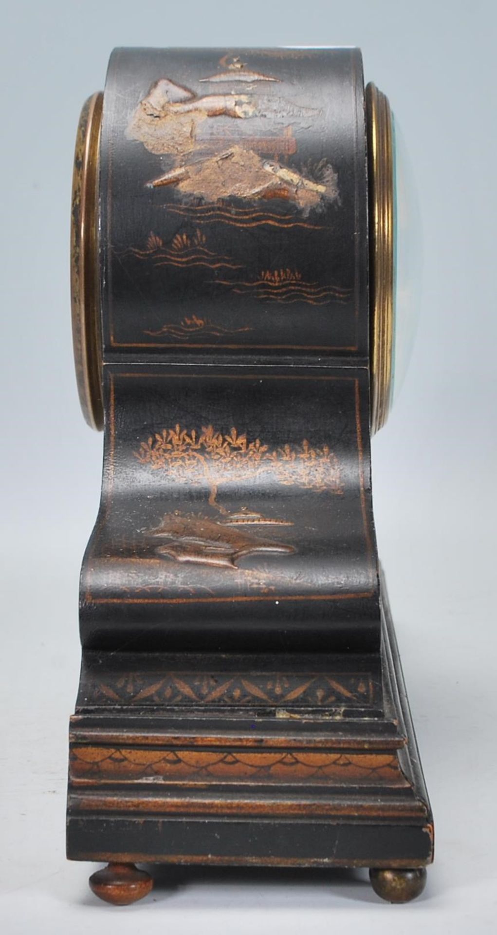 An early 20th century Japanned black lacquer and chinoiserie decorated dome top mantel clock in - Image 3 of 7