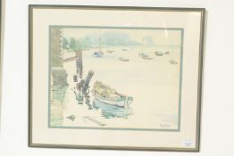Alastair Dallas - A 20th Century watercolour on paper painting depicting a dock side scene, with a