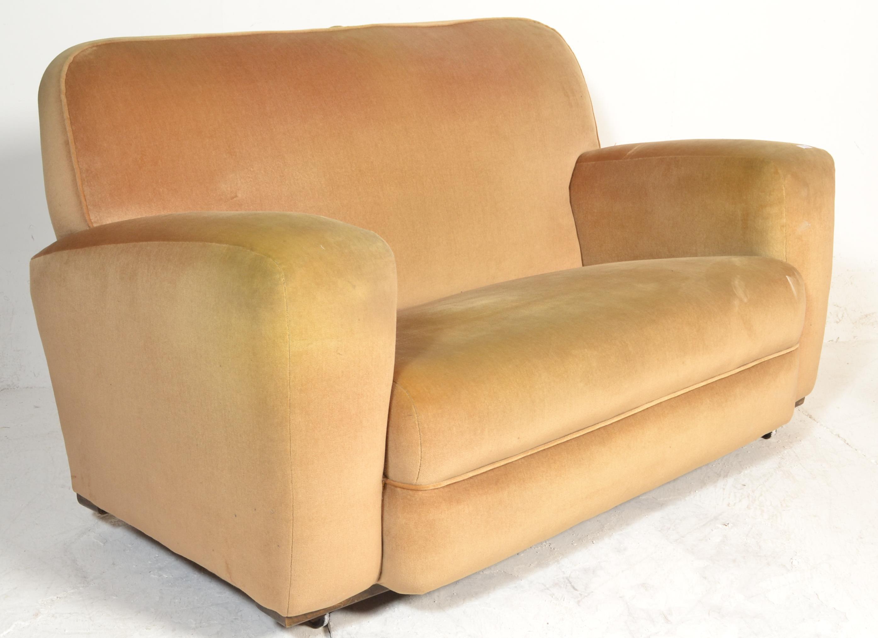 A 1930's Art Deco three piece suite comprising pair of armchairs and a two seat sofa settee being - Image 10 of 12