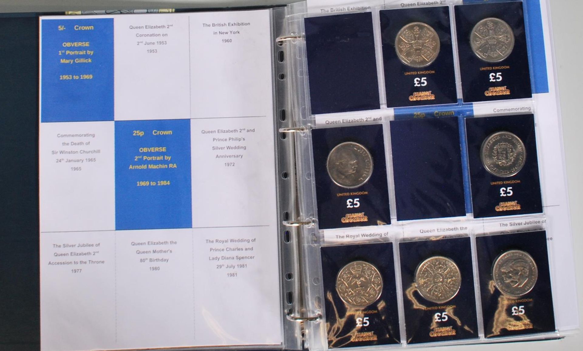A change checker album filled with Elizabeth II crown coins to include 64 in total with no