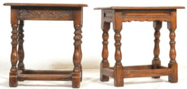 A matched pair of Jacobean revival peg jointed oak stools. Each with turned legs united by