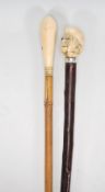 Two walking stick canes to include a hawthorn stick with a 19th Century carved ivory knob in the