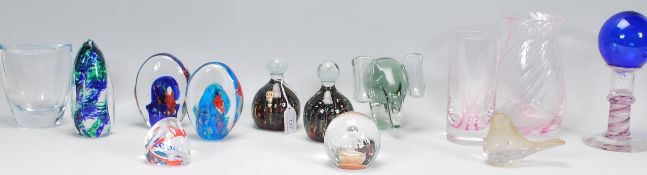 A mixed collection of glass ware to include Millennium Pebble Caithness paperweight, matching pair
