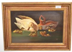 Anthony Skuse - 'Ducks and Ducklings - A 20th Century oil on board painting depicting paddling ducks