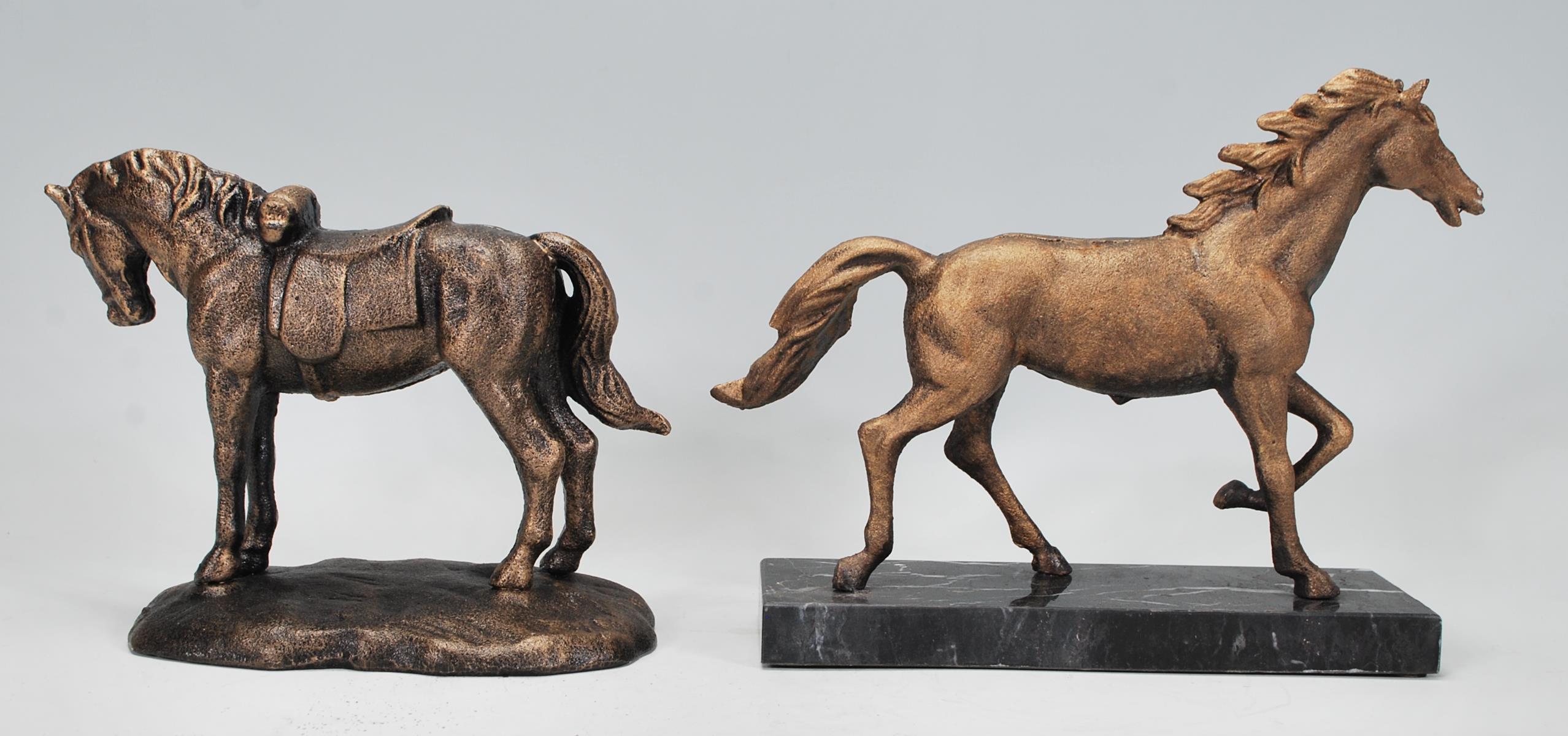 Two cast iron figurines of horses to include one of a running stallion raised on a marble plinth - Image 3 of 5