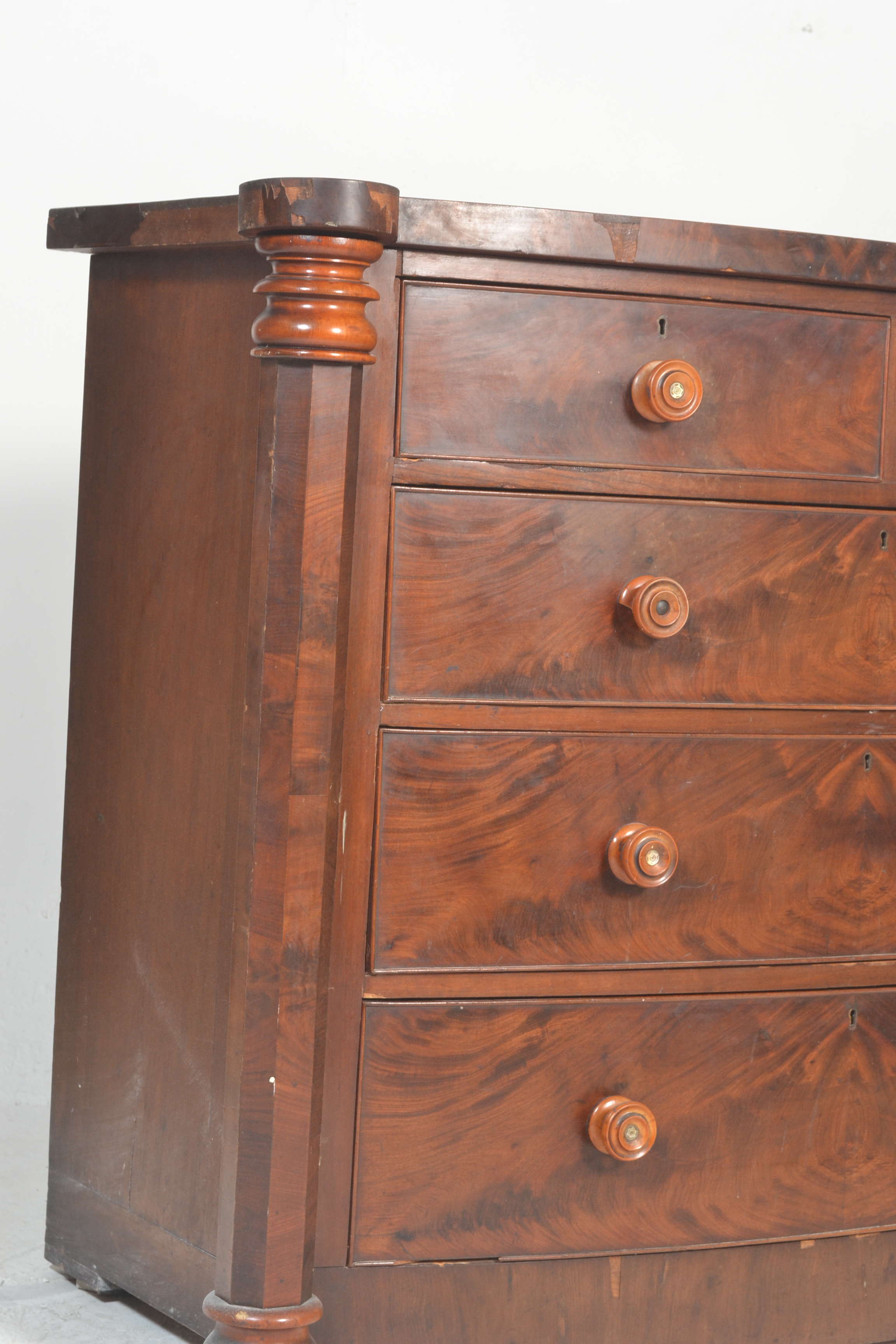 A 19th Century Victorian mahogany bow fronted two over three chest of drawers having turned knob - Image 2 of 5