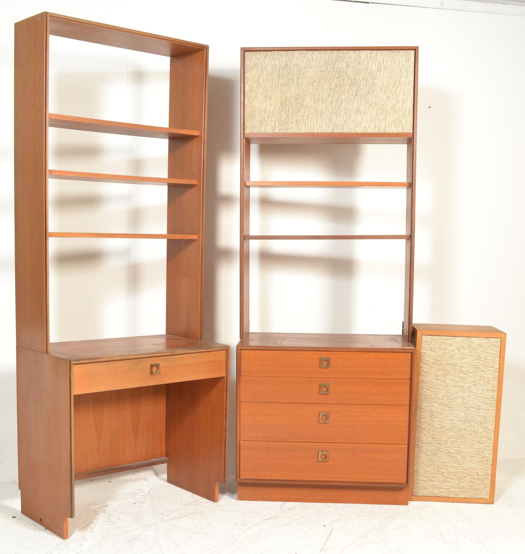 A vintage retro  20th century GPlan red label teak wood desk wall unit having a desk with single