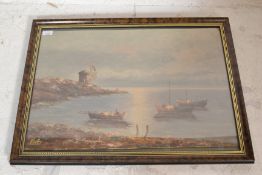 A 20th Century acrylic on paper painting depicting a Greek seaside scene with moored boats and a
