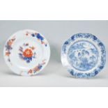 Two 19th Century Chinese plates to include a blue and white plate hand painted with pagodas and