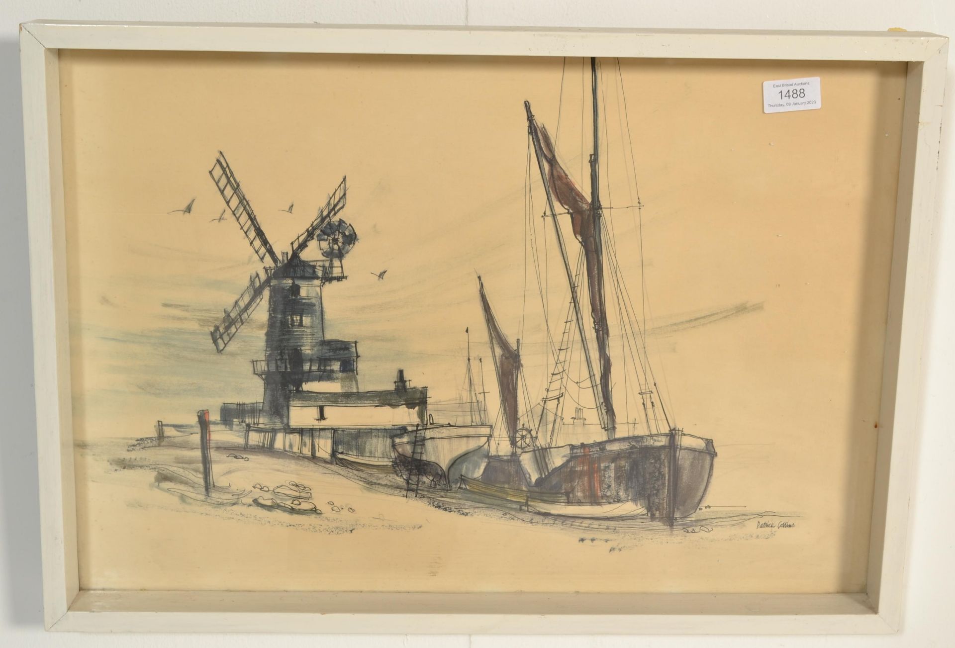 Patrick Collins - A 20th Century mixed media painting depicting moored fishing boat next to a