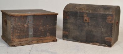 A Victorian 19th century pine blanket box with hinged lid raised on a plinth base with plain panel