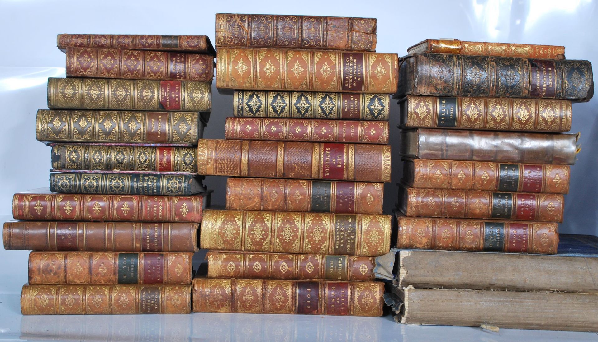 A collection of leather bound antique academic history books to include; Life of the Greeks and