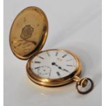 A Chinese 18k gold full hunter pocket watch having a white enamelled face with Roman numeral chapter