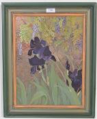 A mid 20th Century oil on canvas painting depicting an Iris flower in front of a wisteria vine.