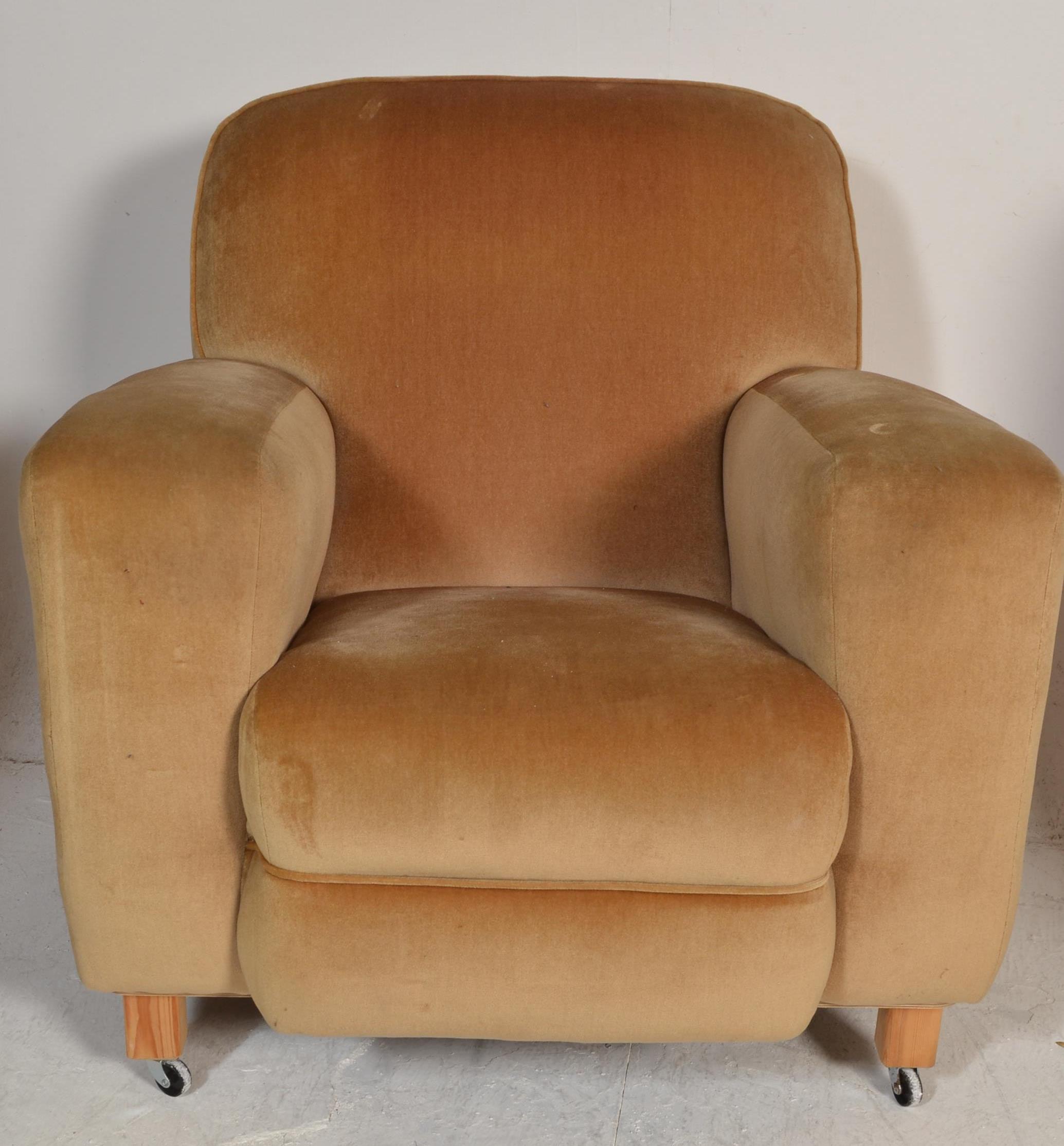 A 1930's Art Deco three piece suite comprising pair of armchairs and a two seat sofa settee being - Image 2 of 12