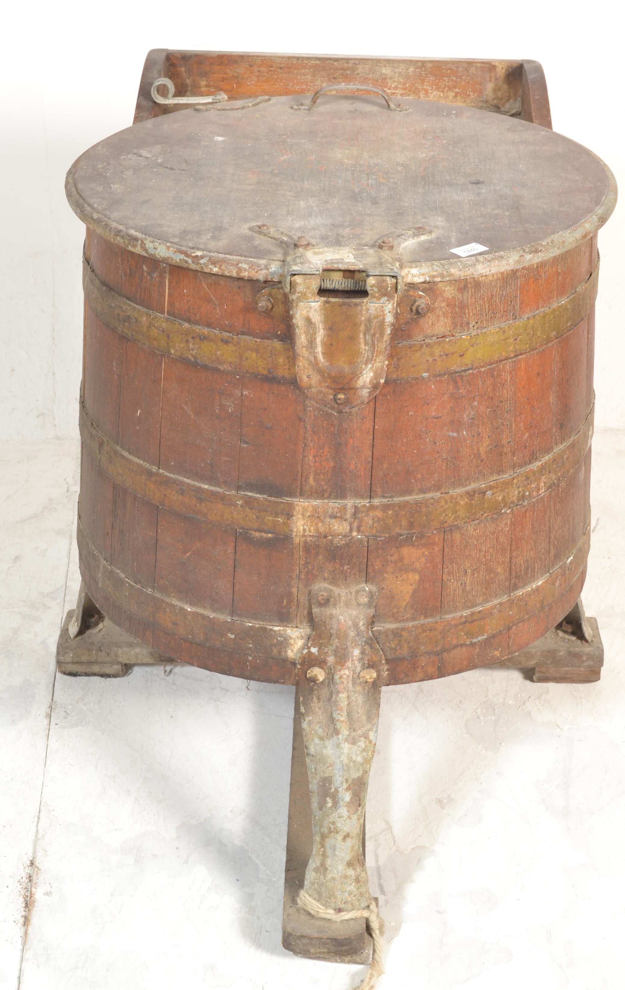 A 19th century coopered oak barrel washing / machine. The oak sectional barrel with coopered - Image 2 of 7