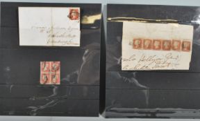Stamps - Great Britain Imperforate 1841 1d Penny Reds. Three used items: Scarce block of FOUR,