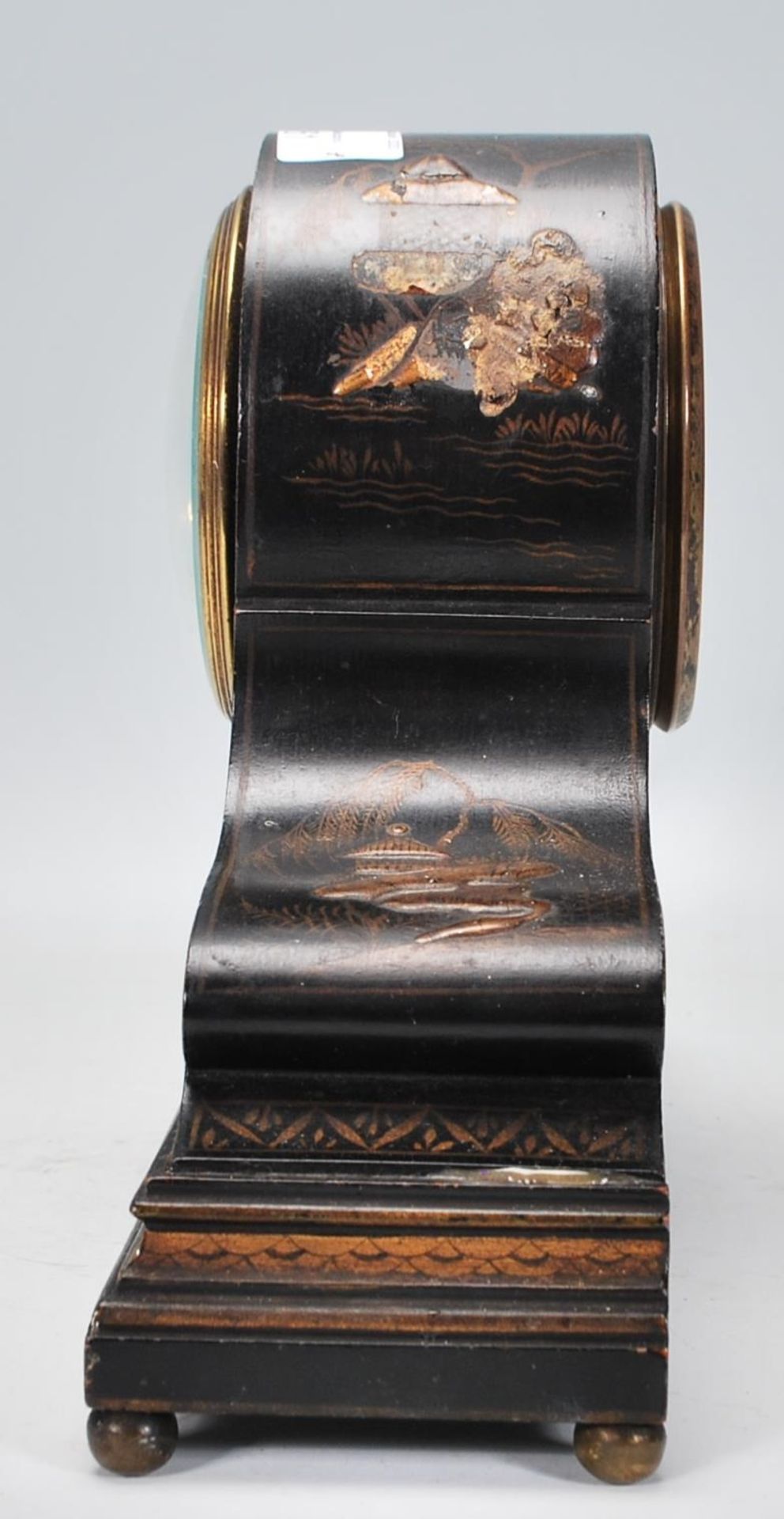 An early 20th century Japanned black lacquer and chinoiserie decorated dome top mantel clock in - Image 6 of 7