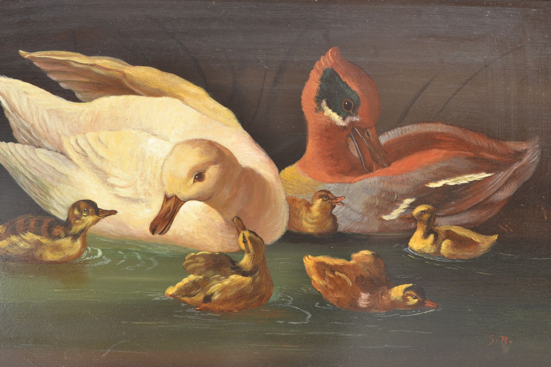 Anthony Skuse - 'Ducks and Ducklings - A 20th Century oil on board painting depicting paddling ducks - Bild 6 aus 6