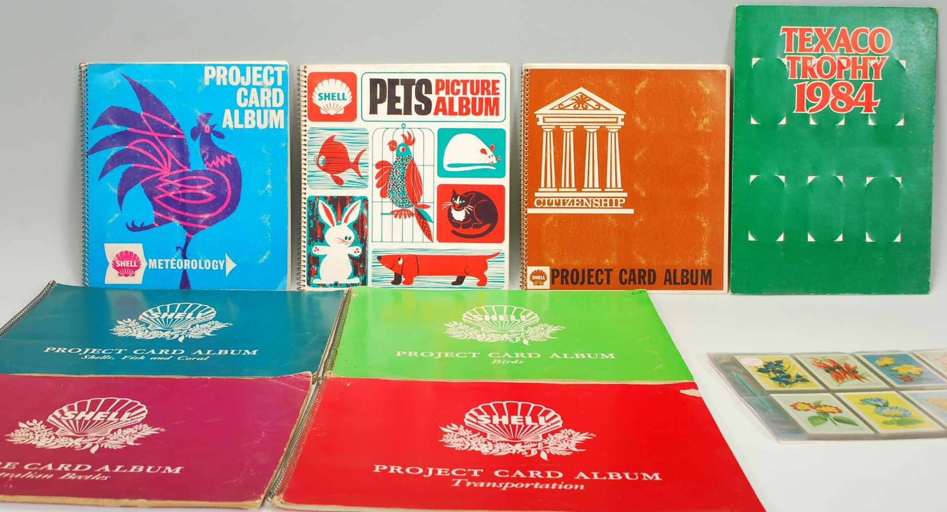 A group of vintage 'Shell Project Card Albums' trade cards. All albums contain full sets, albums