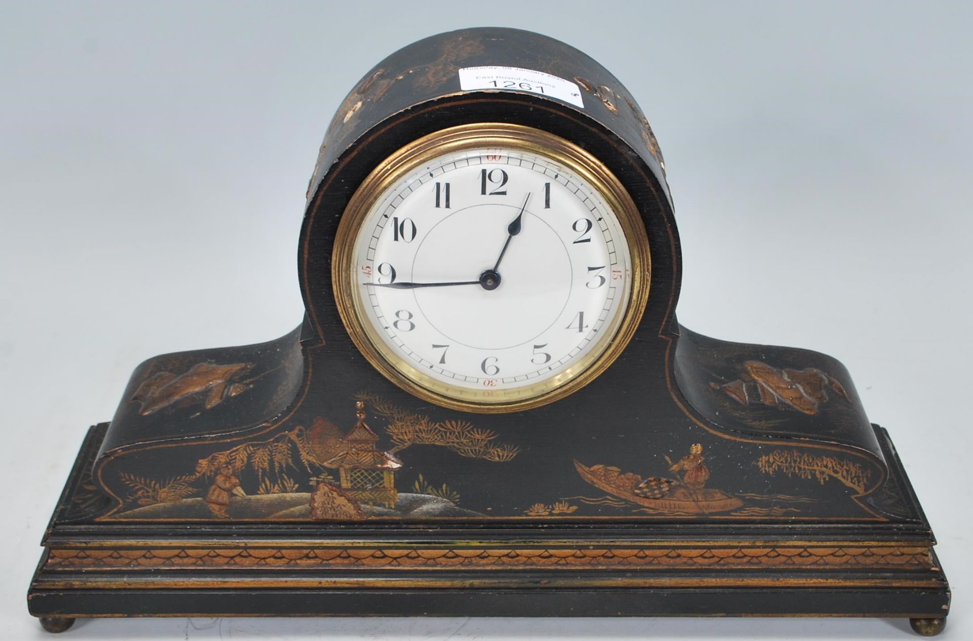 An early 20th century Japanned black lacquer and chinoiserie decorated dome top mantel clock in - Image 2 of 7