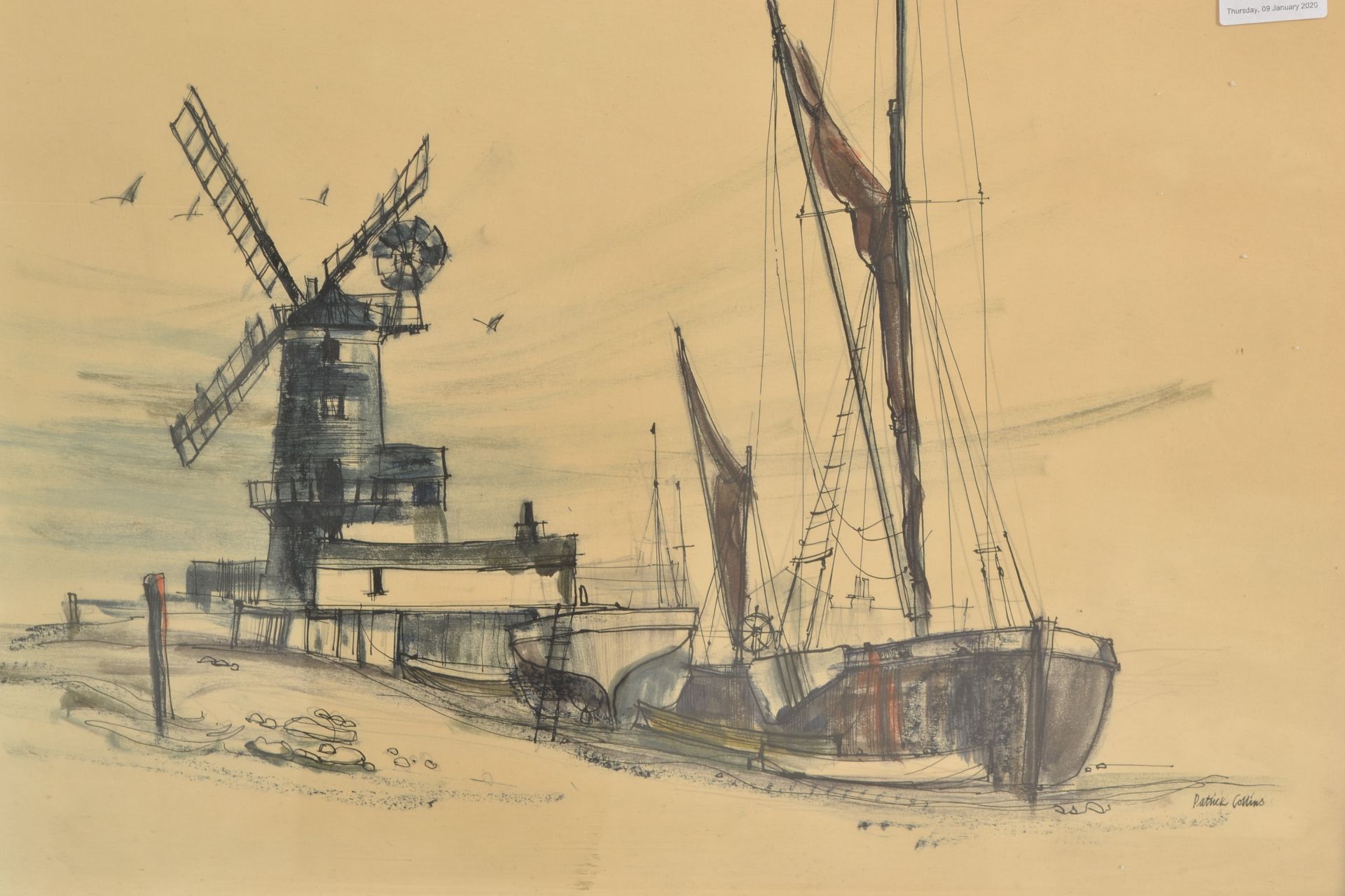 Patrick Collins - A 20th Century mixed media painting depicting moored fishing boat next to a - Bild 2 aus 4