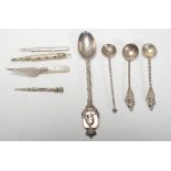 A selection of 20th Century silver items to include a silver hallmarked trowel bookmark having a