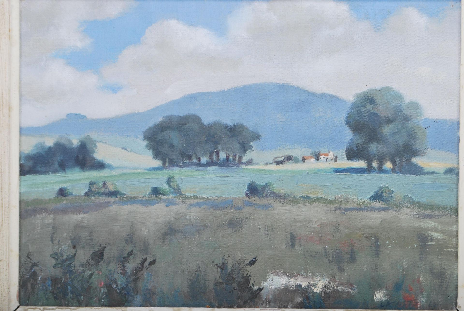 Gerald Lacoste - 'Litlington' - A mid 20th Century oil on canvas painting depicting a landscape