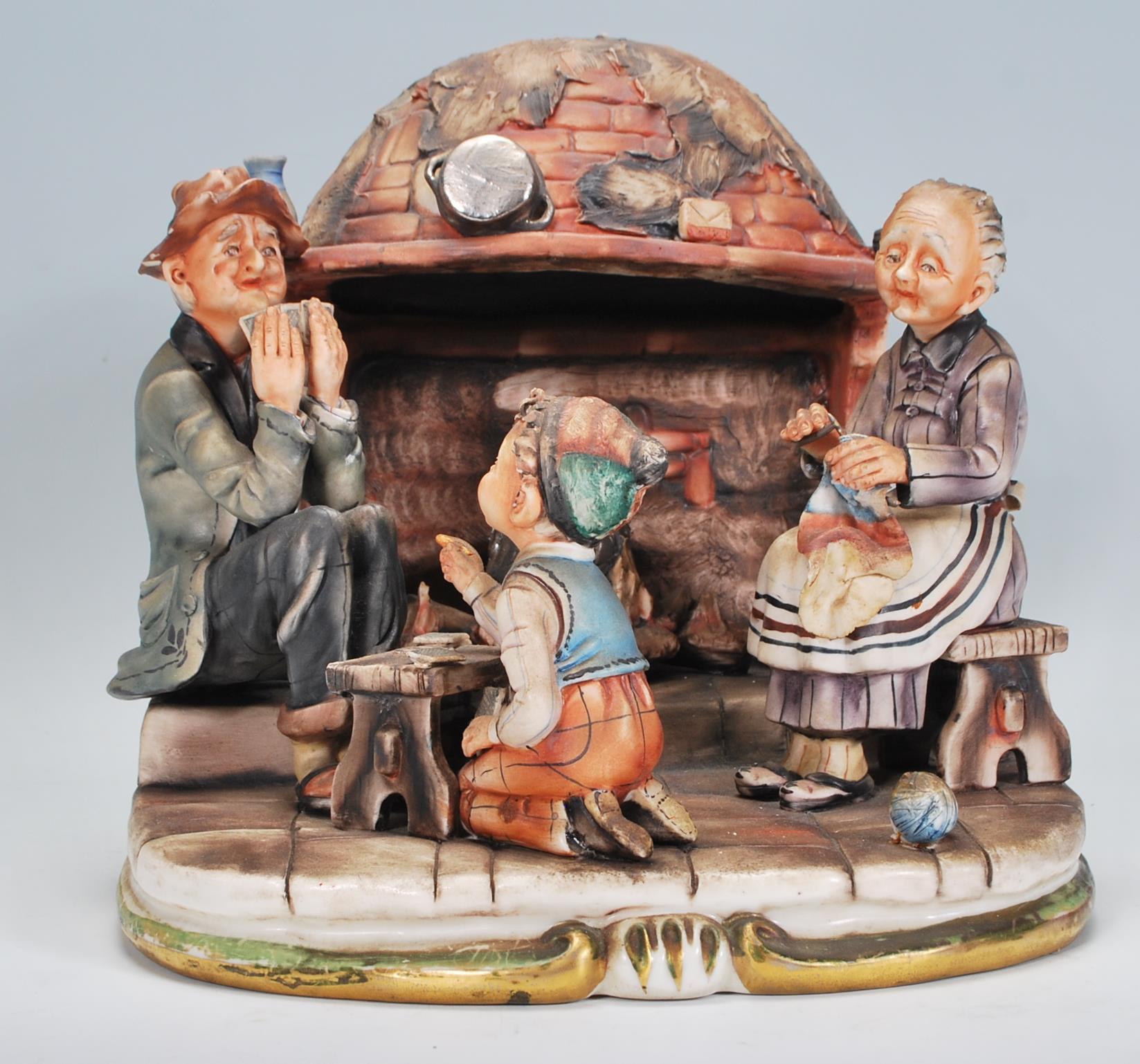 A 20th century Capodimonte of Naples ceramic group ornament entitled 'fireside' depicting a family