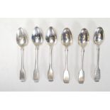 A group of six 19th Century silver hallmarked fiddle pattern teaspoons, each having engraved