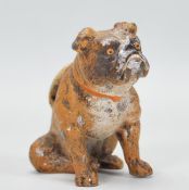 A 19th Century Austrian cold painted metal pin cushion modelled as a bull dog. Measures 6cm tall.