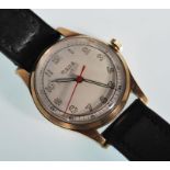 A gentleman's vintage Rone 17 jewels 9ct gold cased wrist watch having a silvered dial with luminous