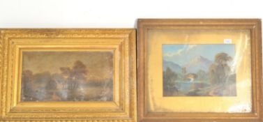 A Victorian 19th century oil on board painting of a mountain scene being set within a gilt mount and