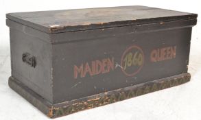 A mid 20th Century painted pine blanket box having hand painted maritime scene atop the hinged lid