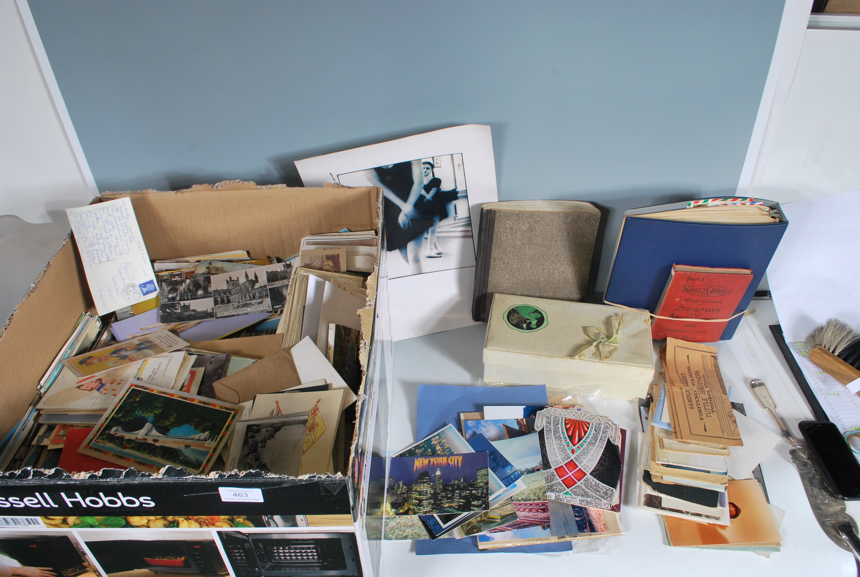 Accumulation of Postcards (approx 2500) a stamp collection & ephemera in large box