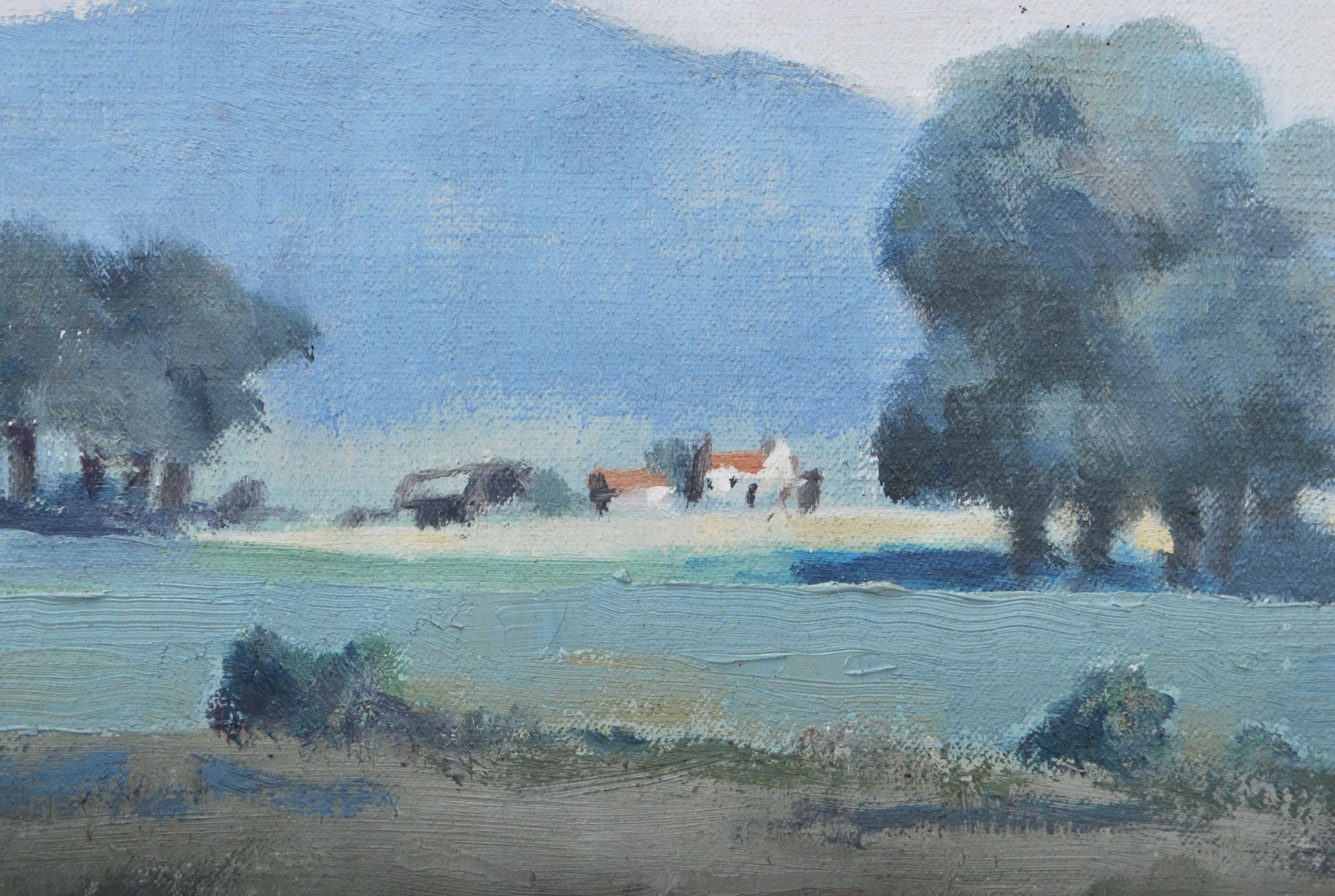 Gerald Lacoste - 'Litlington' - A mid 20th Century oil on canvas painting depicting a landscape - Bild 3 aus 8