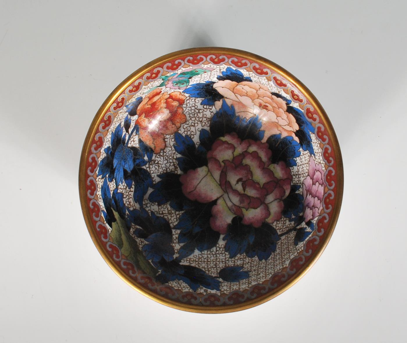 A 20th Century Chinese cloisonne bowl of flared form with a footed base decorated throughout with - Image 6 of 8