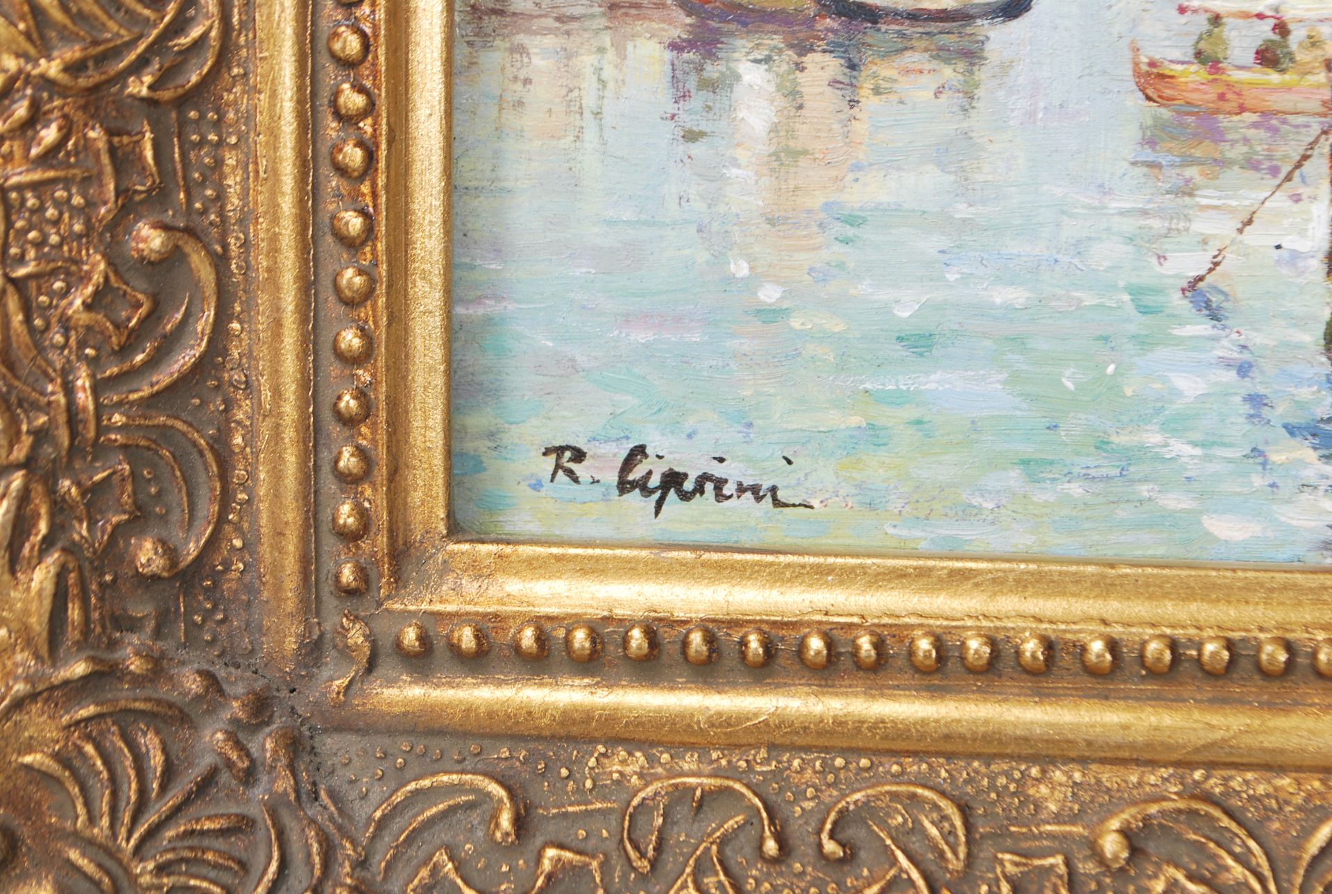 R . Cipriani. Three 20th Century oil on board paintings. Each depicting Venice canal scenes that - Image 10 of 10