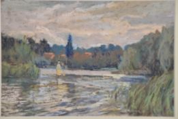Walter Thomas. Entitled The Lake Richmontwith. A British 20th Century pastel sketch scene.