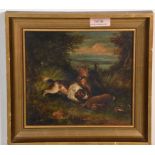 A 20th Century oil on board painting. Depicts a hunting scene with landscape visible beyond. Two