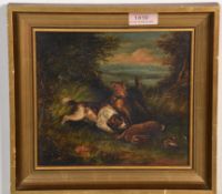 A 20th Century oil on board painting. Depicts a hunting scene with landscape visible beyond. Two